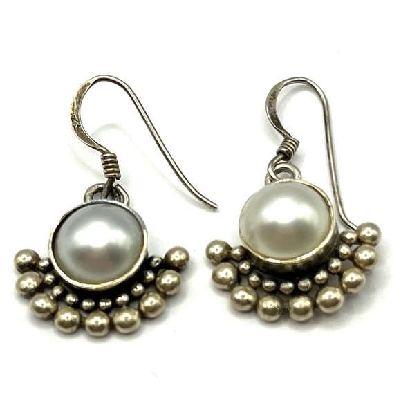 Dangle Pearl Earrings Sterling Silver 925  Fan Style with Center Faux Pearl VTG - Picture 1 of 8